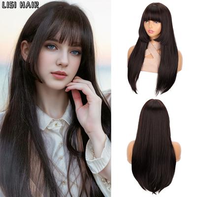 Synthetic Long Straight Wig With Bangs Cosplay Hair Wigs For Women Heat Resistant Fiber Daily Party Wig