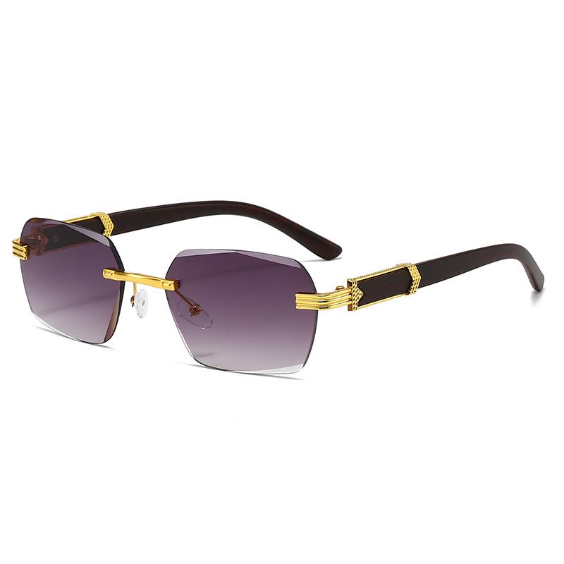 Trendy Frameless Sunglasses with Wood Grain Legs - European and American Irregular Square Design