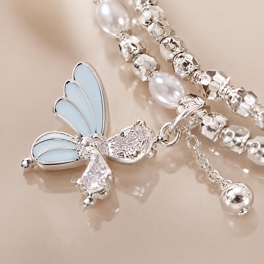 S925 Sterling Silver Blue Butterfly Necklace, Y2K Fairycore Asymmetrical Pearl Choker, Y-Drop Tassel Collarbone Chain, Soft Girl Aesthetic Gift