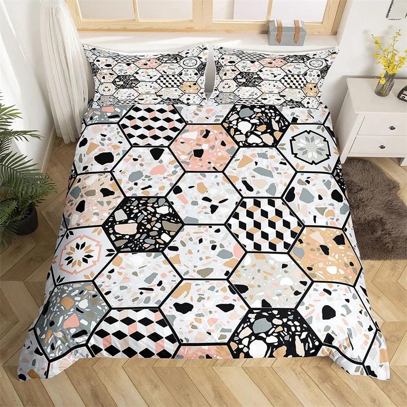 Marble Duvet Cover Set Microfiber Geometric Hexagone Quilt Cover Honeycomb Bedding Set Single King Queen For Kids Teens Adults