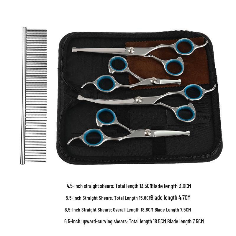 All-Steel Pet Grooming Scissors Set: Flat-Tooth & Curved Trimmers for Dog Hair Care.