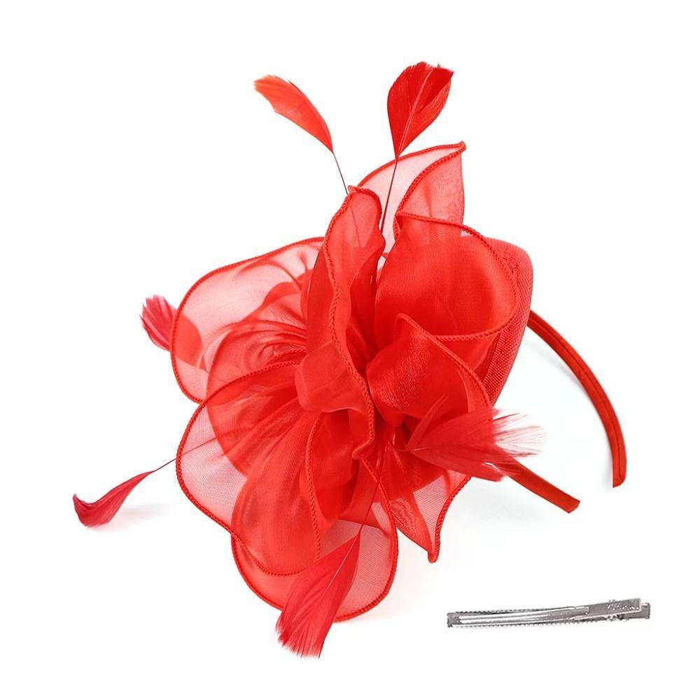Solid Color Feather Flower Mesh Headband Cocktail Flower Feather Hair Clip  Wedding Decoration