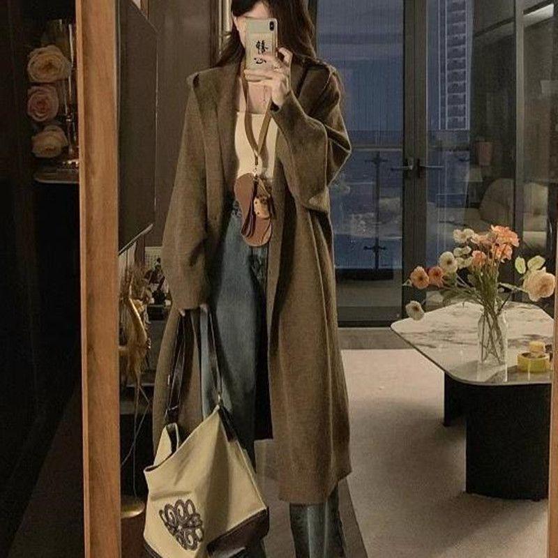 Women's Hooded Knit Cardigan - Maillard Style, Long, Cozy, 2025 Autumn/Winter Collection, Student Lazy Fit