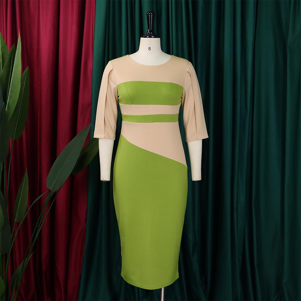Large Size Women Spring Autumn Fashion Patchwork Dress Ladies One Piece Medium Sleeves Slit Sheath Dress