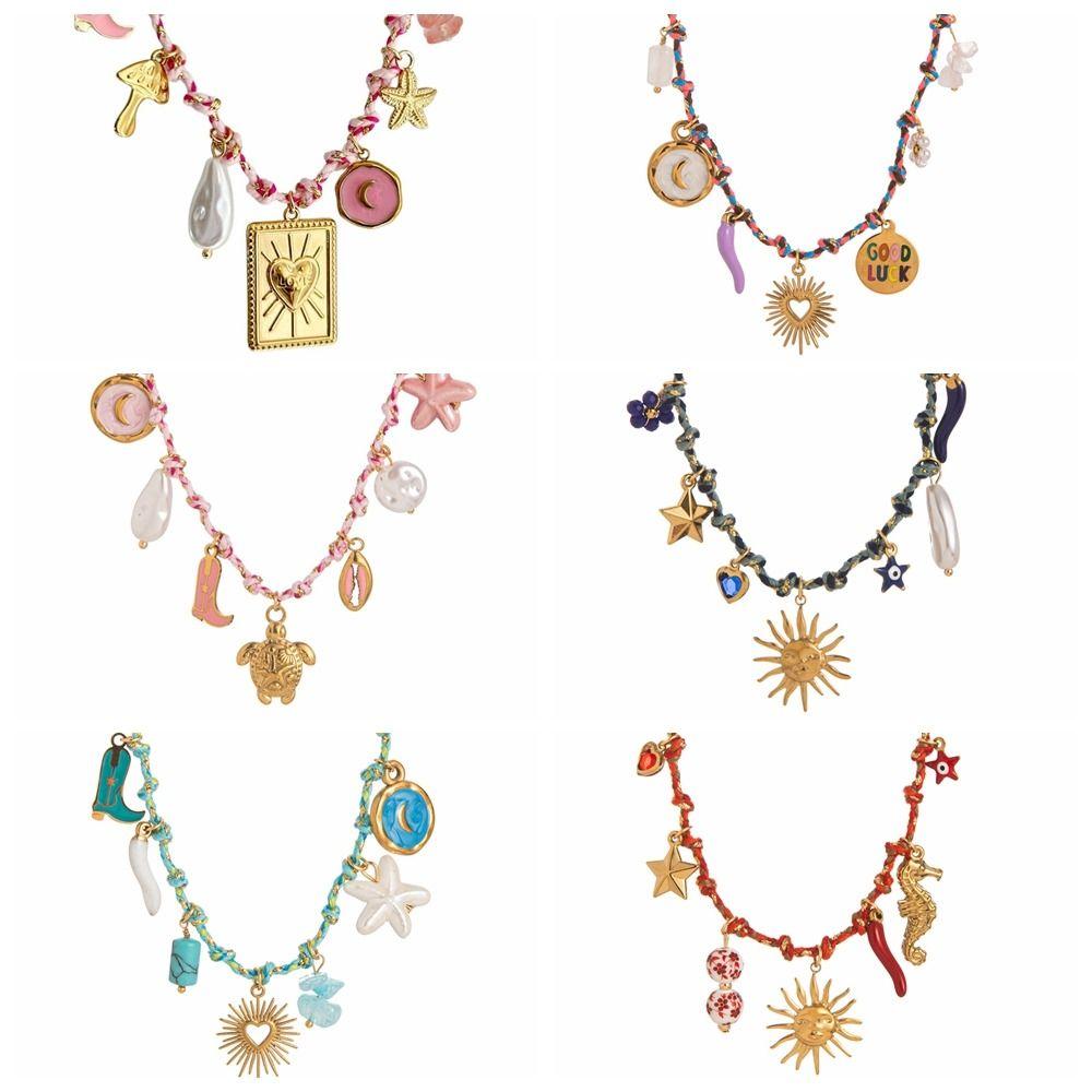 Pearl Accent DIY Knotting Rope Chain Colorful Turtle Pendant Necklace Gold-Plated Necklace Summer