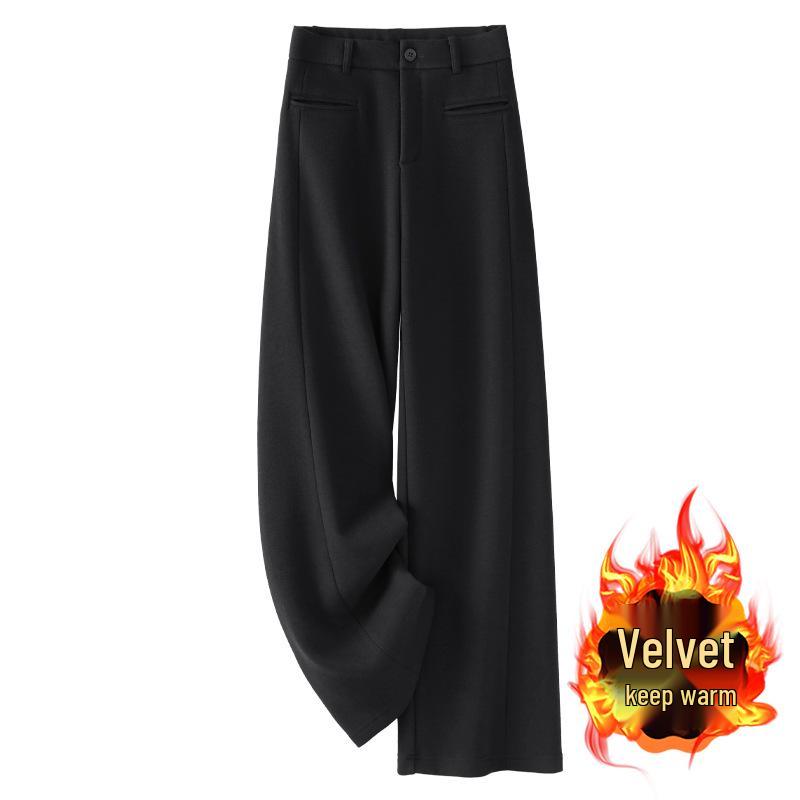 Ancola Women's Red Wool Pants: 2024 Autumn/Winter Plus Velvet Straight-Leg Wide-Leg Style