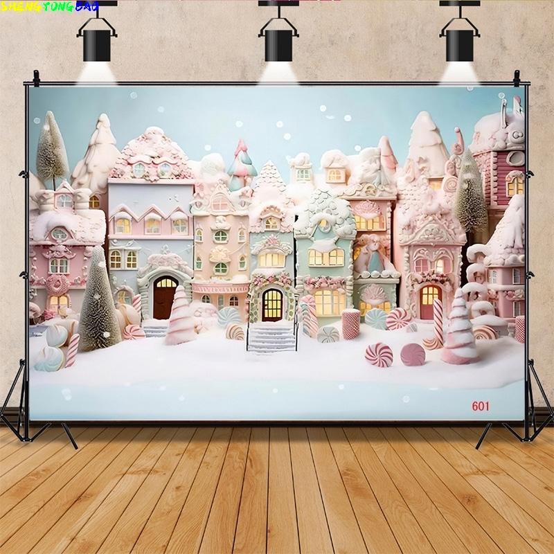 Vinyl Custom Christmas Tree Window Candy Photography Backdrop Wooden Doors Snowman Cinema Pine New Year Background Prop DT-01