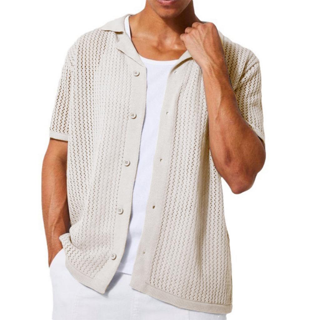 Men's Casual Stylish Knitted Button-down Shirt - Men's -colored Collarless Open-weave Short-sleeved Top