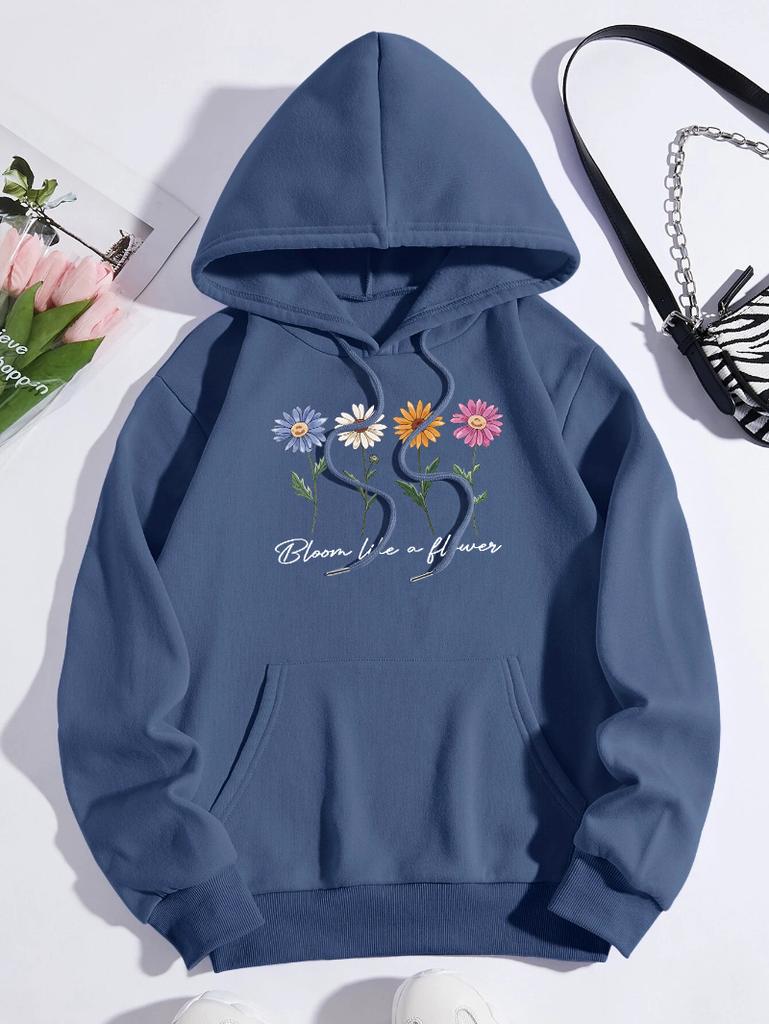 Bloom Like A Flower Pattern Women Hoody Loose Y2K Casual Sportswear Fleece Pocket Hoodie Autumn All-Match Woman Clothing