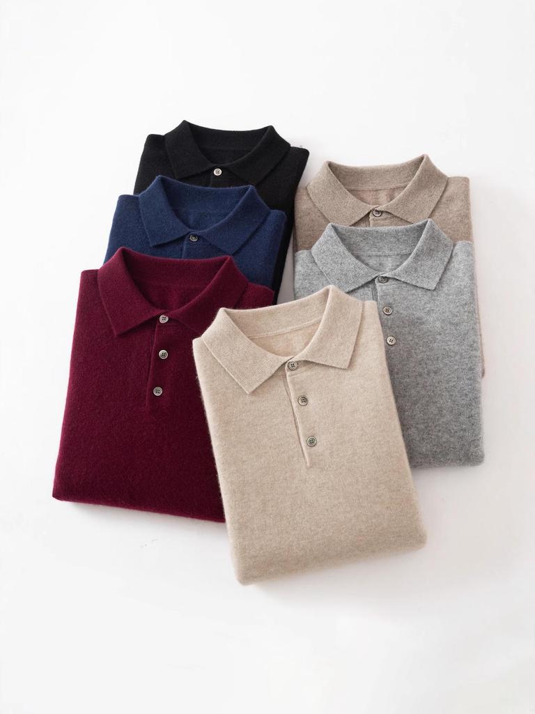 Men's Cashmere Polo Collar Sweater, Solid Color Knitwear, Long Sleeve Button-Up Pullover for Autumn/Winter