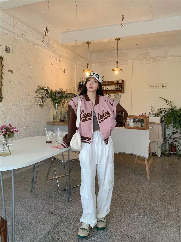 Plus Size Pink Retro Baseball Jacket for Petite Women - Spring & Autumn