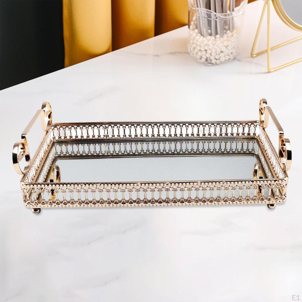 Vassoio Portagioie A Specchio Stile Francese Oro Blu: Organizer Trucco E Portaoggetti Decorativo 24x37 Cm