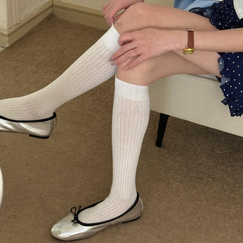 Spring and Summer Vertical Striped Boneless Calf Socks for Women, Cotton Sweat-absorbing Solid Color Long Stockings