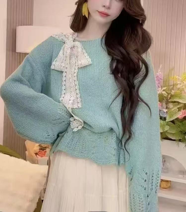 Lazy Style Knitted Lace-Up Bow Sweater - Women's Loose Fit for Autumn and Winter