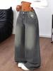 Washed Grey Ripped Wide-Leg Floor-Length Jeans for Women - Loose Casual Fit