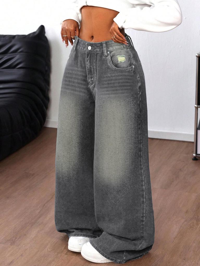Washed Grey Ripped Wide-Leg Floor-Length Jeans for Women - Loose Casual Fit