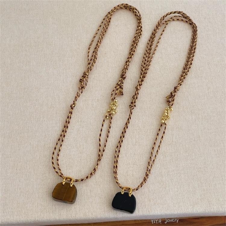 Artisanal Crafted Natural Tigers Eye Stone and Rope Bag Necklace Unique Design Comfortable Wear for Fashion Forward Women Accessory