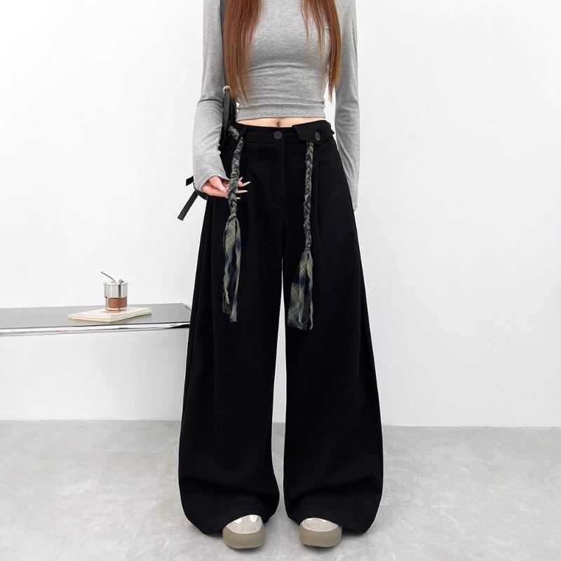 Army Green Retro Tooling Wide-leg Pants Women's Autumn New High-waisted Lace-up Flower Rope Lazy Scimitar Pants