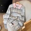 Striped Knitted Sweater Women's Contrasting Color Lapel Collar Autumn and Winter New Loose and Thin Loose Sweater Top