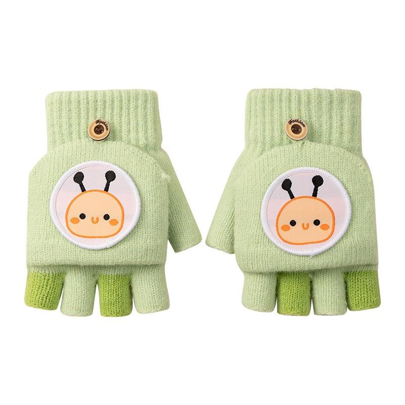 Embroidery little bee half finger knitted dew finger cartoon cute winter primary school students thickened warm children's flip gloves