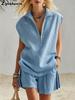 New Summer Zipper-Neck Patchwork Casual Top + Shorts