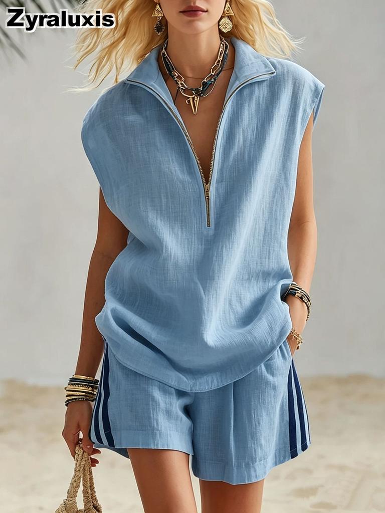 New Summer Zipper-Neck Patchwork Casual Top + Shorts