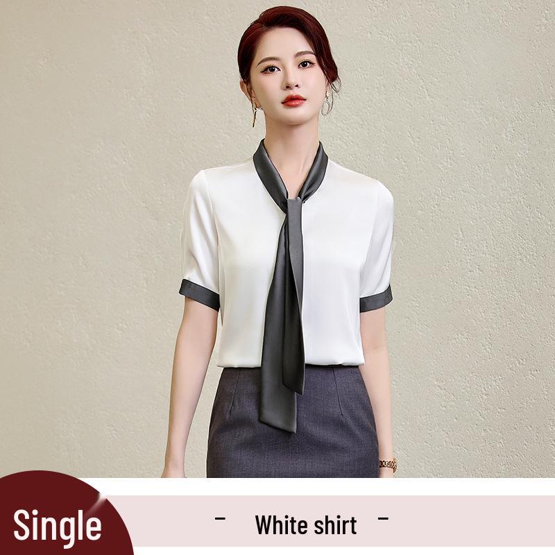 

Женский костюм из белого сатина и шифона - Комплект рубашки с коротким рукавом и блузки для работы с бантом L