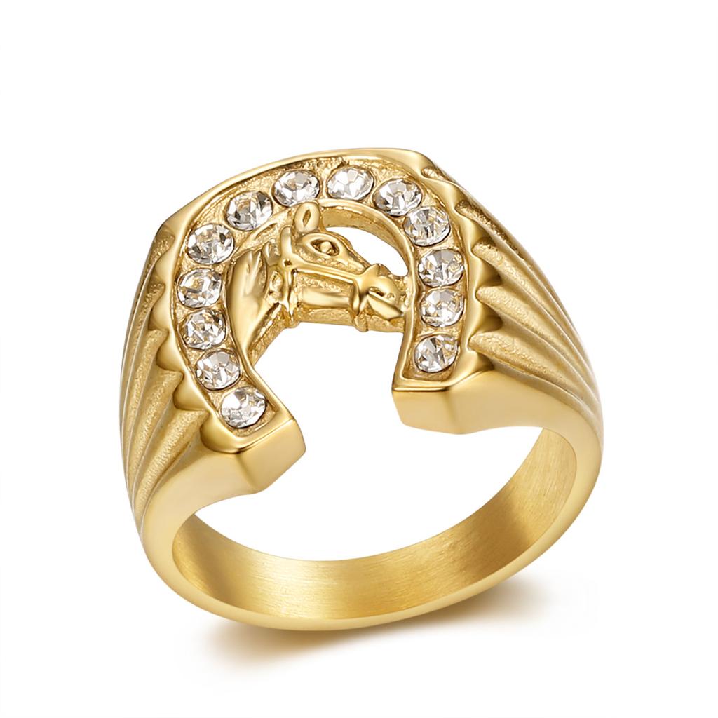 New Hip-Hop Jewelry Titanium Steel Gold-Plated Diamond-Studded Horse Head Men's Ring