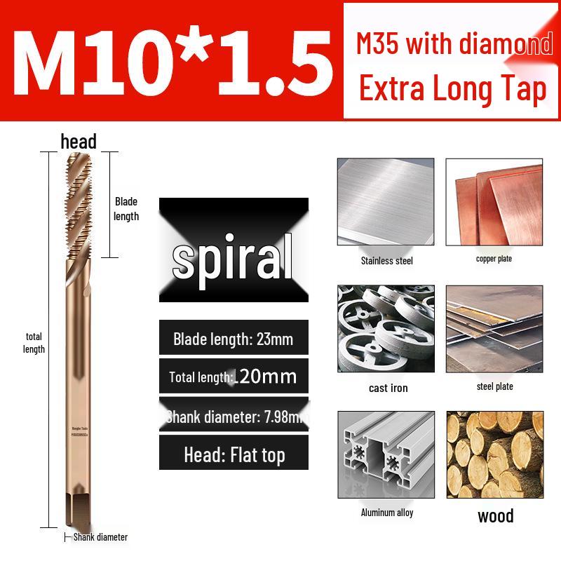 Titanium Coated Cobalt Straight Flute Extra Long Tap for Stainless Steel, Sizes M3-M8