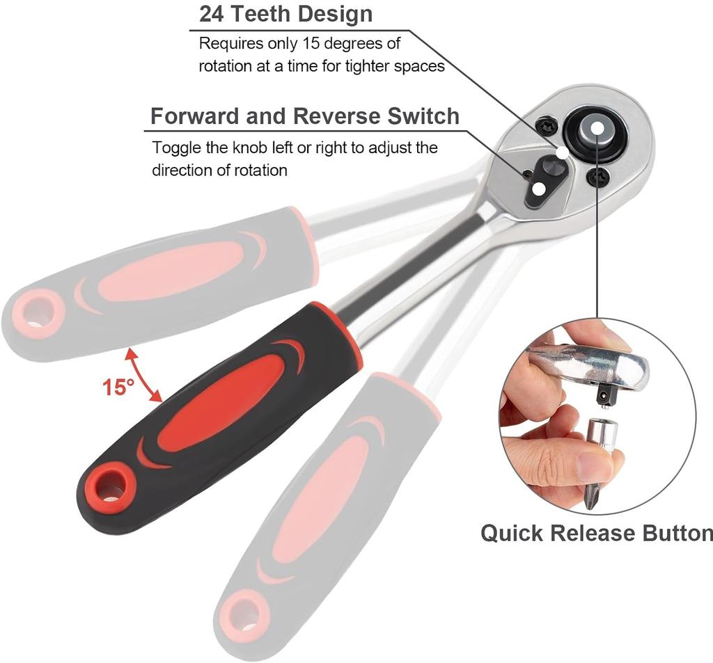46PCS Master Mechanic Tool Kit with 3/8" Ratchet, SAE/Metric Sockets, Torx/Hex Bits, Extension Bars - Professional Grade