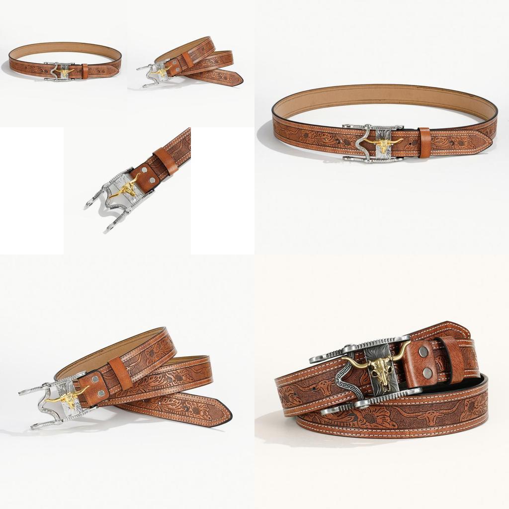 High Quality Pu Leather Belt With Bohemian Alloy Buckle For Men In Ethnic Style With Bull Head Print