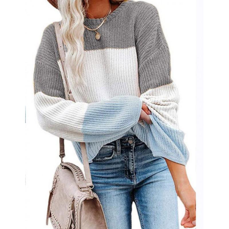 Womens Winter Loose Knit Sweater With Color Block Lantern Sleeves Round Neck Long Sleeve