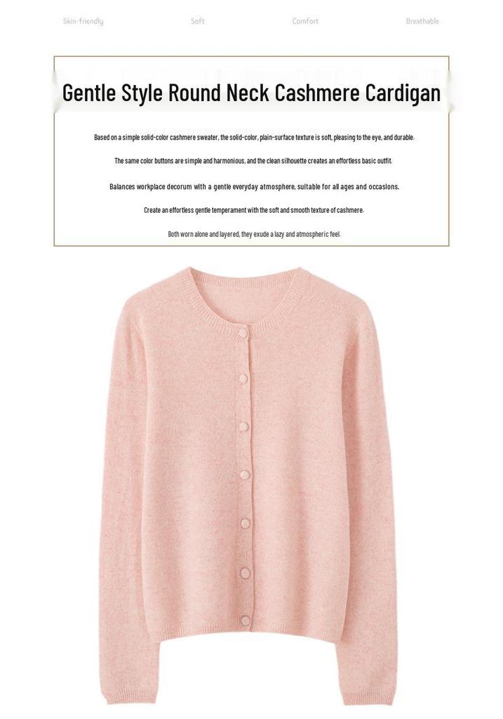Lekasha Women's 100% Pure Cashmere Round Neck Seamless Knit Cardigan