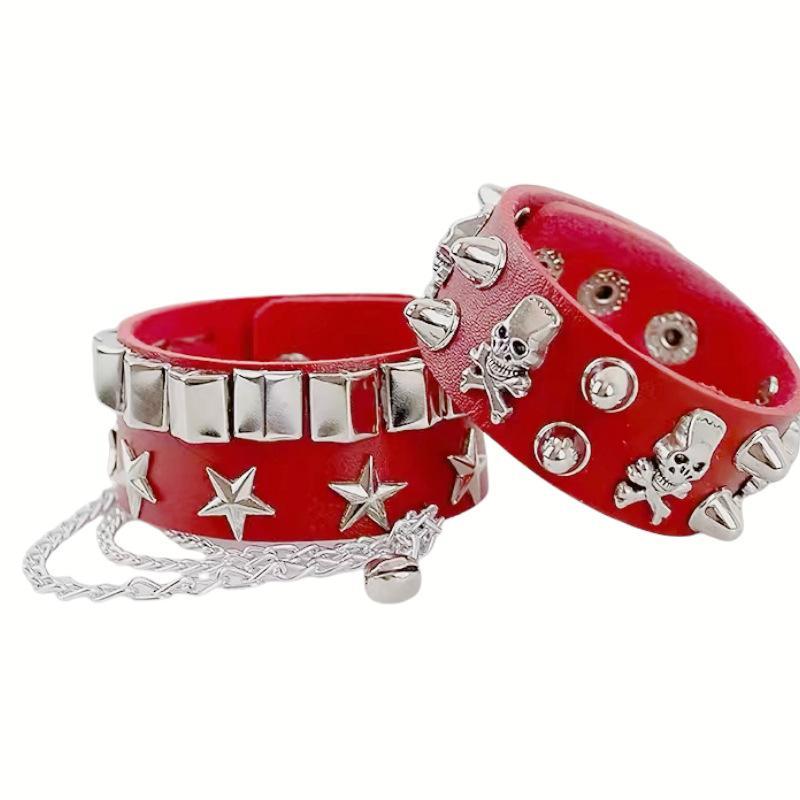 Wide PU Leather Punk Skull Bracelet 1Pcs Star Pattern Adjustable Goth Cuff Bangle for Men Women Holiday Gift