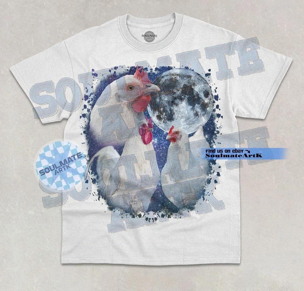 Three Chicken Moon T- Shirt Funny Farm Animal Lover Three Moon Graphic  Shirt 2XL
