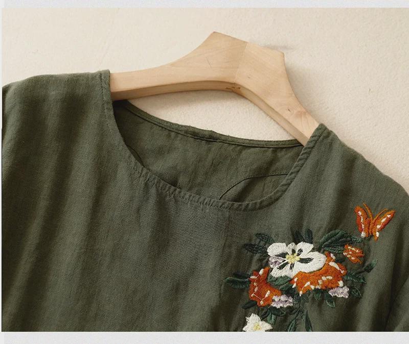 Damski letni etniczny haftowany bawełniano-lniany luźny T-shirt z krótkim rękawem