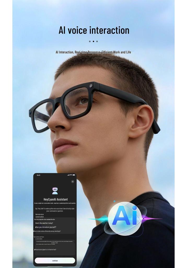 AI Smart Glasses with 800W HD Pixel Camera, Optical Image Stabilization, Bluetooth Voice Calls, and Real-time Translation.