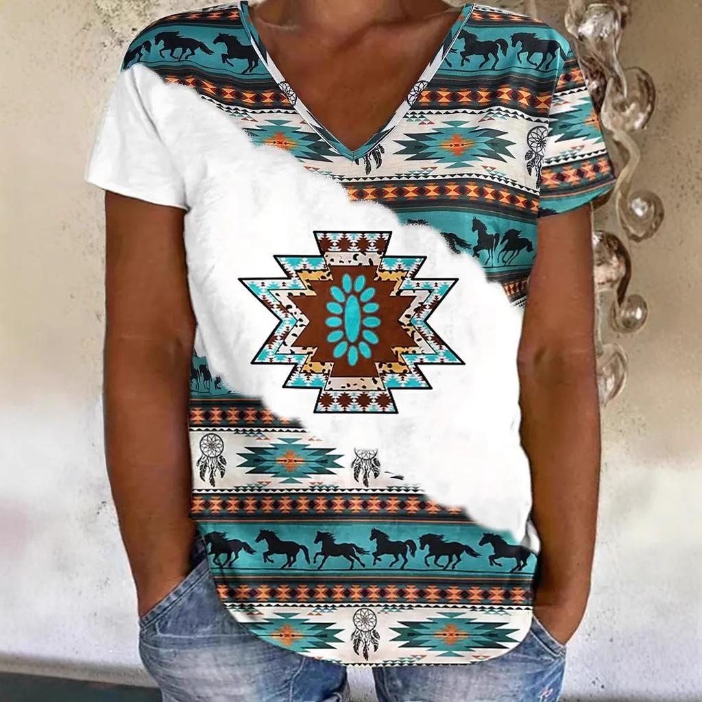 Summer Fashionable High-quality Striped Creative Pattern Women's V-neck Short Sleeved T-shirt Women's Breathable Loose T-shirt