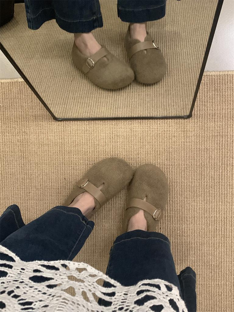 Ugly cute Birkenstock shoes children's velvet cotton shoes autumn and winter Mori round head belt buckle inner height-increasing Doudou shoes