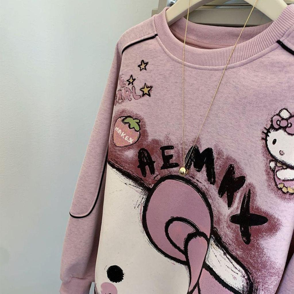 Women's Cute Pink Cartoon Crew Neck Sweatshirt - Early Autumn Petite Style, Super Trendy.