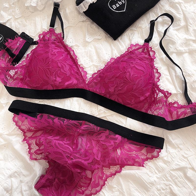 Set intimo sexy per donna Set reggiseno senza ferretto Set reggiseno push up con coppa triangolare in pizzo francese Lingerie romantica con colori di giunzione
