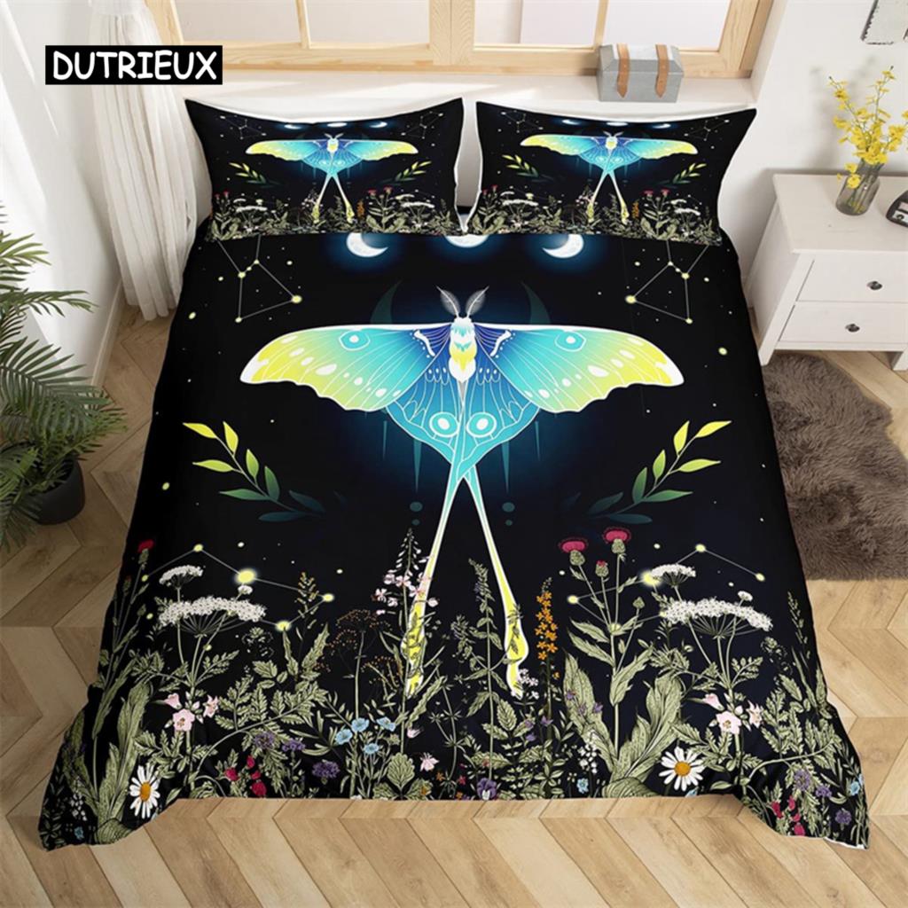 Capa de edredom borboleta e mariposa da morte, capa de edredom, caveira gótica, flor, estrela, céu, lua, conjunto de cama, poliéster, boho, exótico, preto, capa de edredom