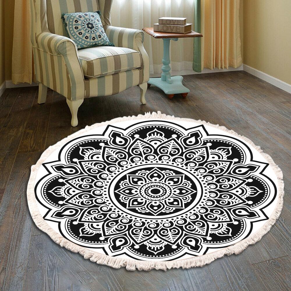 Nordic Cotton and Linen Home Leisure Non-slip Fringed Printed Round Carpet Living Room Floor Mat Bedroom Bedside Blanket