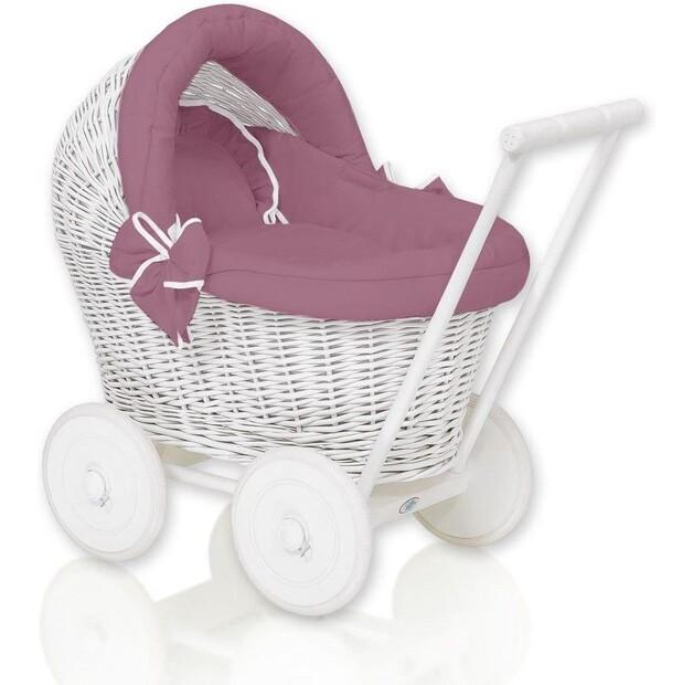 Puppenwagen Sweet Baby Geflochtener Buggy Weiß mit Bettwäsche-Set Rosa Retro und Weicher Polsterung Stella
