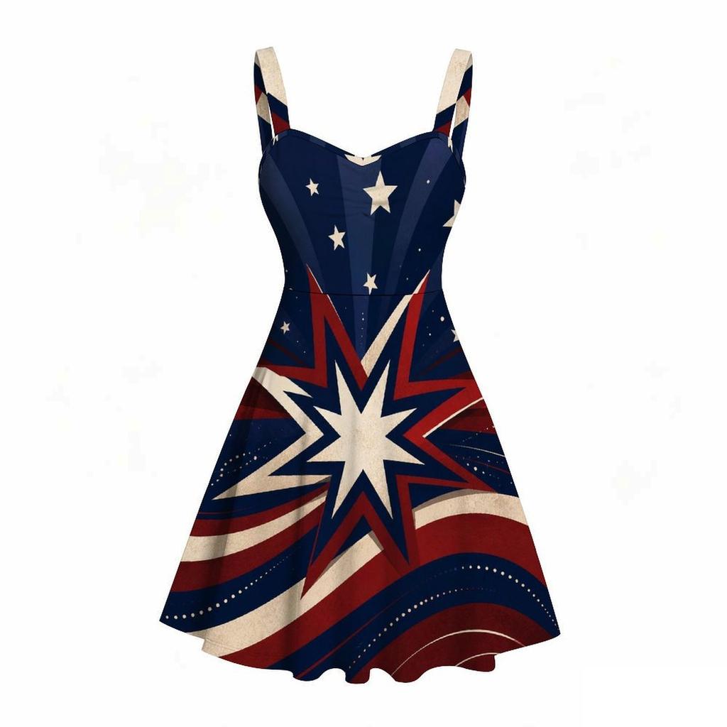 Women Plus Size Spaghetti Strap Off Shoulder Dress Glitter Wave Star Firework Holiday Print Swing Dress