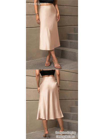 European & American Satin A-line Midi Skirt – Elegant Style, Polyester Fabric