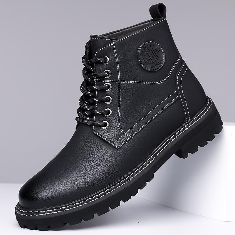 Fashion Autumn Winter Platform Boots for Men  Fashion Casual Cow Leather Yellow Cotton Shoes Male Solid Color Wool Work Boots Man