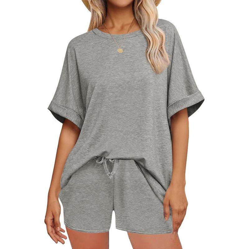 

Rolling Sleeve T-shirt and Shorts Set Pure Color Roll Sleeve T-shirt Shorts Suit Gray L