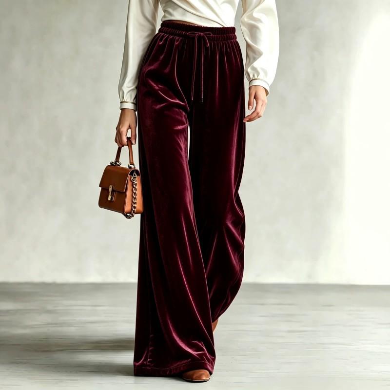 2026 Velvet Wide Leg Pants Women High Waist Loose Fit With Drawstring Pockets Winter
