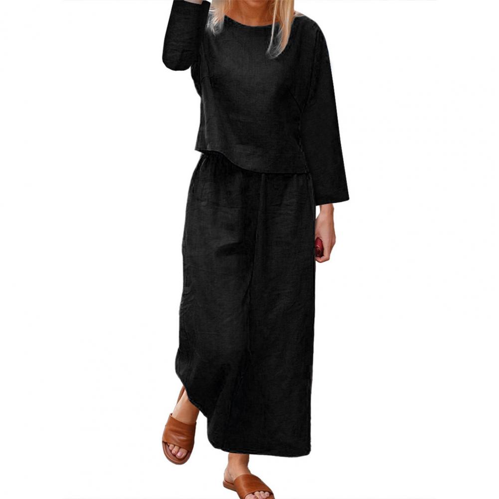 Spring Top Pants Suit Elegant Women's Top Pants Set with Long Sleeves Round Neck T-shirt Elastic Waist Trousers Stylish for Fall